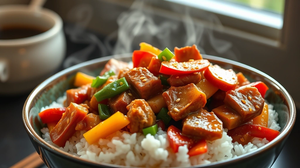 hero: steaming bowl of leftover pork loin stir-fry with glossy sauce, colorful vegetables, sesame seeds, served over jasmine rice, photorealistic, natural daylight from window, no text