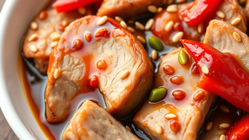 detail: close-up of tender pork loin pieces coated in glossy sauce with red bell pepper and sesame seeds, photorealistic, macro photography style, natural light, no text