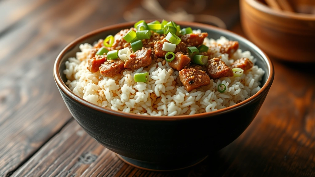 hero: steaming bowl of pork fried rice with green onions and sesame seeds on top, fluffy individual grains of rice visible, warm lighting from the side, rustic wooden table surface, no text or watermarks