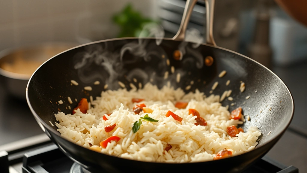 process: wok with rice being stir-fried over high heat, steam rising, ingredients mid-toss, professional kitchen lighting, captured mid-action, no text or watermarks