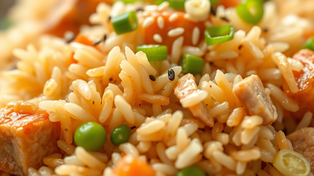 detail: close-up macro shot of finished fried rice showing individual grains coated in sauce, pieces of pork, peas and carrots visible, sesame seeds and green onions on top, natural daylight, shallow depth of field, no text or watermarks