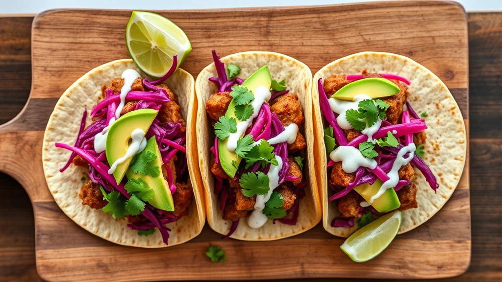 hero: overhead shot of three assembled pork roast tacos on a rustic wooden board, topped with avocado slices, red cabbage slaw, fresh cilantro, crema drizzle, and lime wedges, warm tortillas visible, natural window light, vibrant colors, food photography style