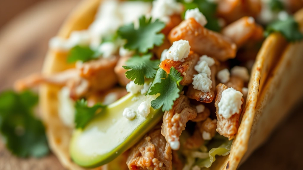 detail: close-up macro shot of single taco showing layers of tender pork, creamy avocado, crispy cabbage, fresh cilantro, cotija cheese crumbles, and Mexican crema, shallow depth of field, natural daylight, professional food styling