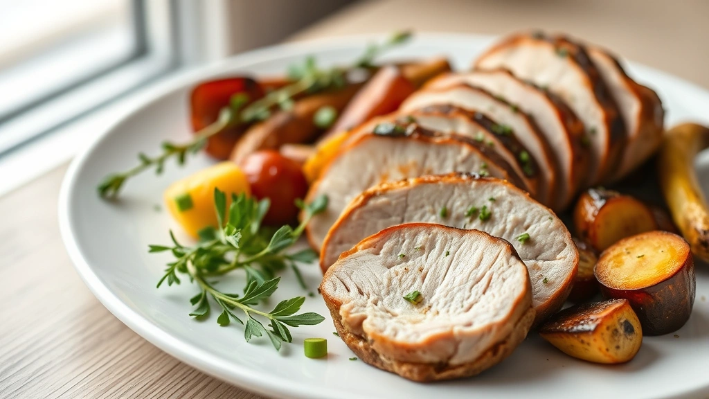 hero: sliced pork tenderloin on a white plate with fresh herbs and roasted vegetables, photorealistic, natural window light, no text