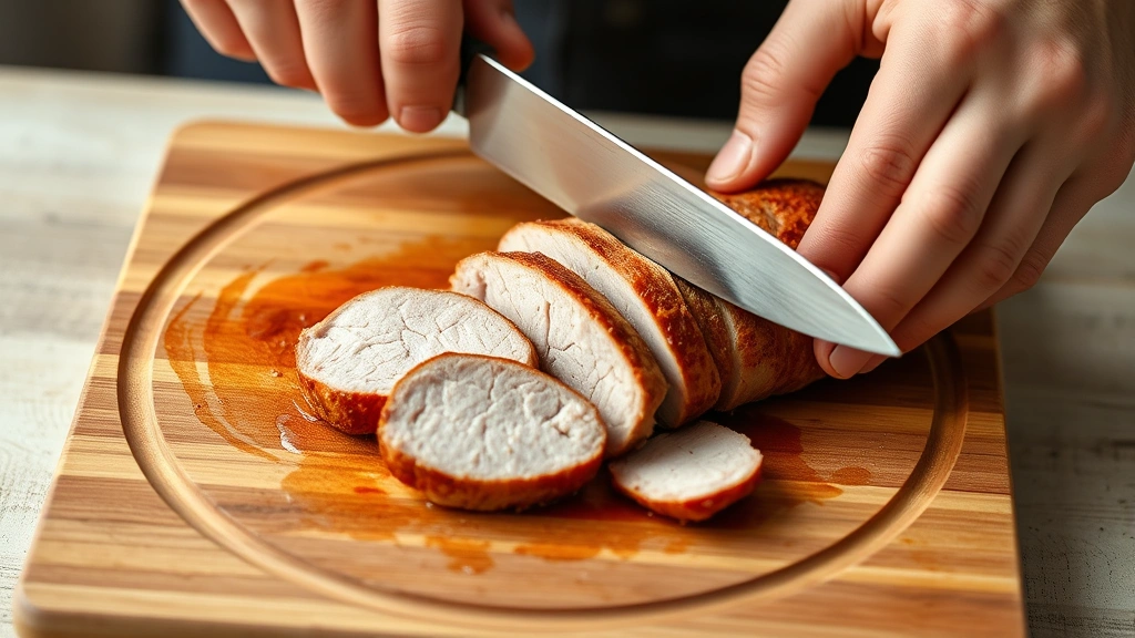 process: hands slicing cooked pork tenderloin on a wooden cutting board with sharp knife, photorealistic, natural daylight, no text