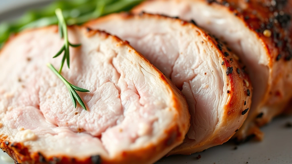 detail: close-up of perfectly sliced pork tenderloin showing tender pink interior with herb garnish, photorealistic, natural light, no text