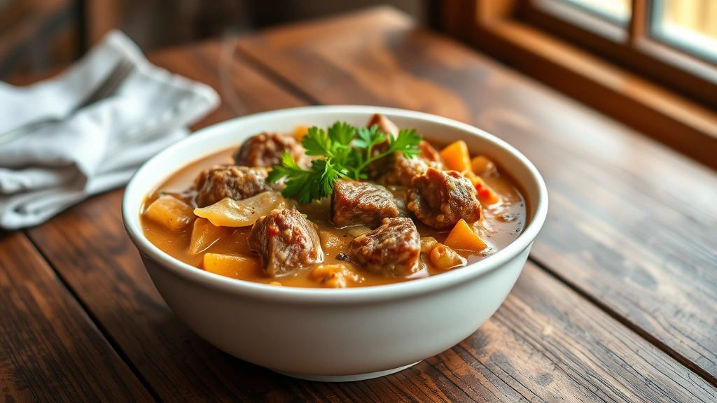 hero: creamy leftover pot roast dish served in a white bowl on a rustic wooden table, garnished with fresh parsley, warm natural window light, steam rising slightly, professional food photography