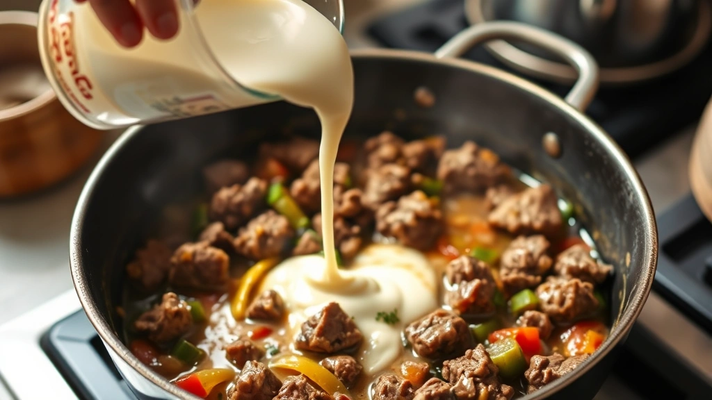 process: pouring cream into a skillet with beef and vegetables, medium heat, action shot showing the sauce coming together, natural kitchen lighting, dynamic and inviting