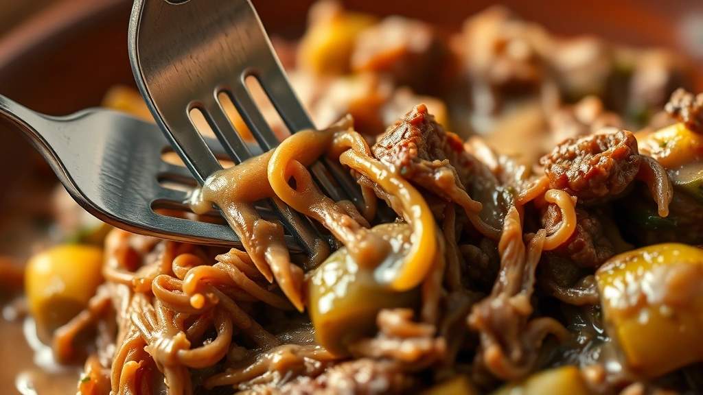 detail: close-up of fork cutting through tender shredded pot roast with creamy sauce coating vegetables, shallow depth of field, rich warm tones, cozy aesthetic
