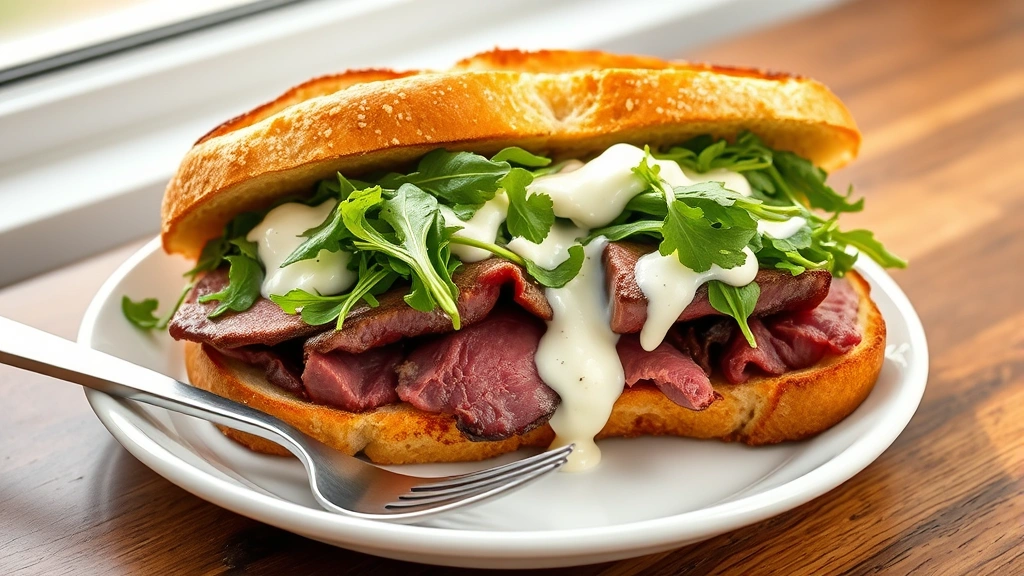 hero: open-faced beef sandwich with creamy horseradish sauce and fresh arugula on toasted brioche, served on white plate with fork and knife, photorealistic, natural window light, no text