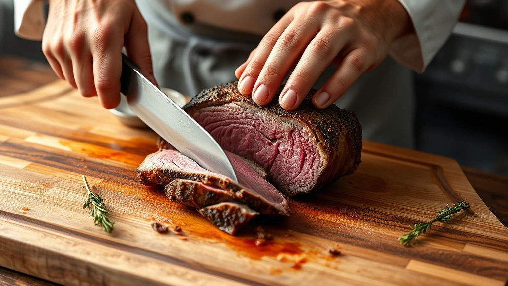 process: chef's hands slicing leftover prime rib on wooden cutting board with sharp knife, photorealistic, natural light, no text