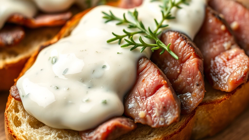detail: close-up of creamy horseradish sauce coating tender beef slices on toasted brioche with fresh thyme garnish, photorealistic, natural light, no text
