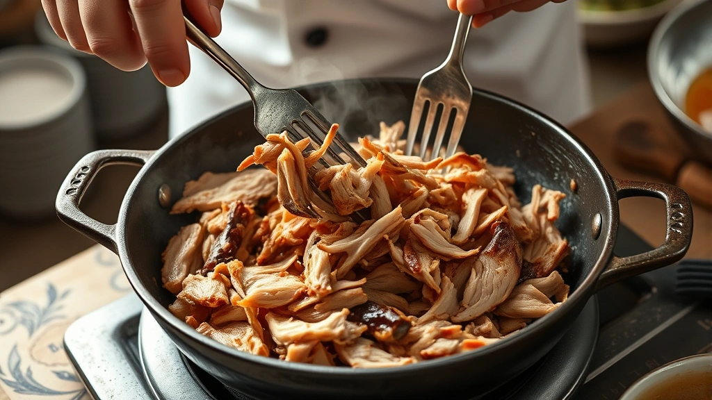 process: chef's hands shredding steaming pork with two forks in rustic skillet, photorealistic, warm kitchen lighting, no text