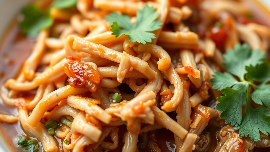 detail: close-up of tender shredded pork with sauce and fresh cilantro garnish, photorealistic, macro photography with shallow depth of field, no text