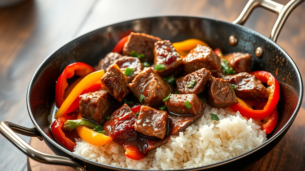 hero: vibrant steak stir fry in wok with glistening sauce, colorful bell peppers and vegetables, steam rising, served over jasmine rice, photorealistic, natural light from above, no text