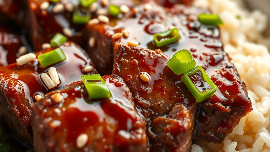 detail: close-up of sliced steak pieces with glossy sauce, sesame seeds and green onions garnish, rice texture visible, photorealistic macro photography, natural light, no text