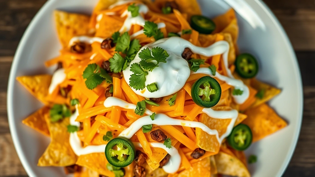 hero: loaded nachos on white plate, melted cheese, fresh cilantro, jalapeños, sour cream drizzle, warm lighting, close-up overhead shot, photorealistic, natural light, no text