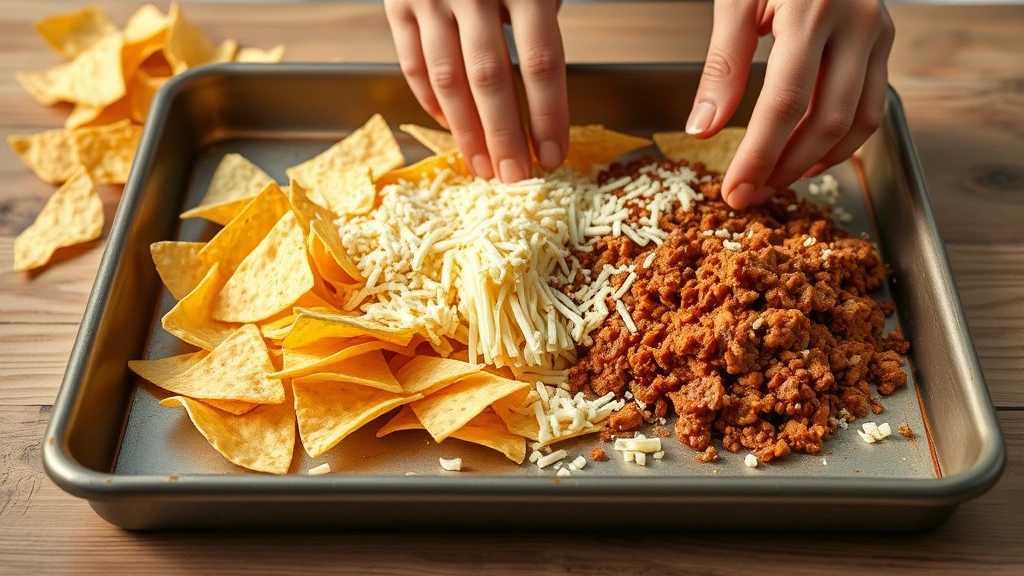 process: layering tortilla chips with cheese and taco meat on baking sheet, hands visible, mid-assembly, photorealistic, natural light, no text