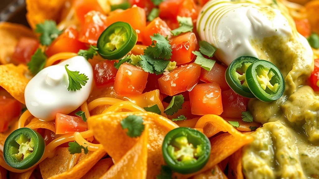 detail: close-up of finished nachos showing melted cheese, diced tomatoes, cilantro, jalapeños, sour cream, and guacamole, photorealistic, natural light, no text