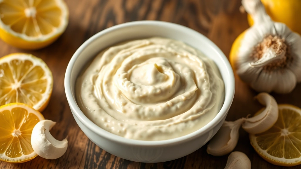 hero: creamy lemon aioli in a white bowl with fresh lemon wedges and garlic cloves beside it, photorealistic, natural morning light from left, no text
