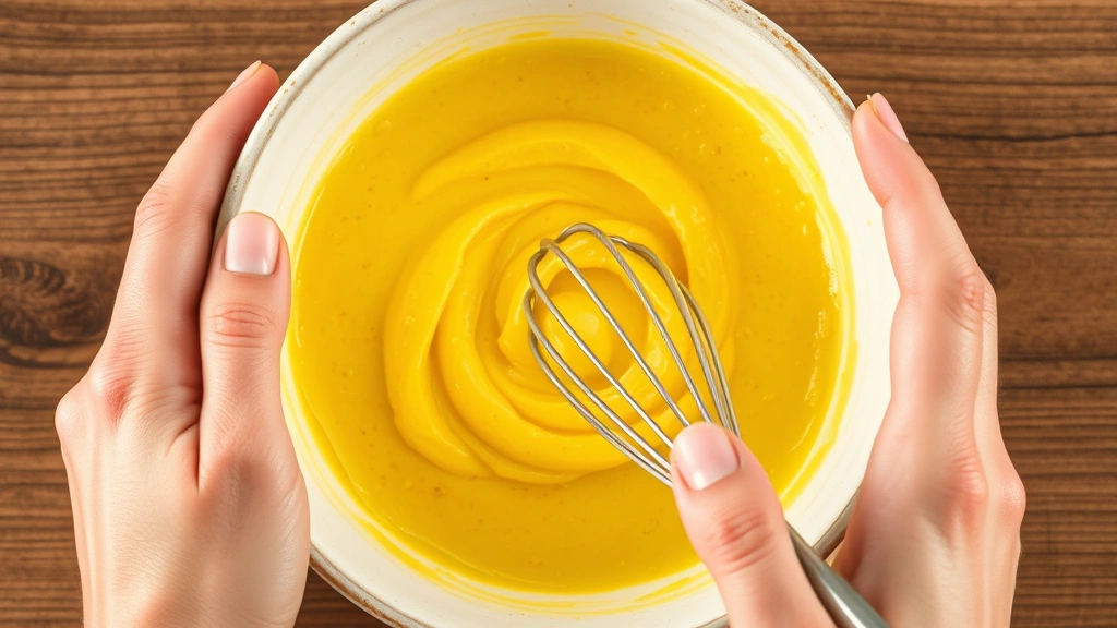 process: hands whisking lemon aioli in a ceramic bowl showing the thick creamy emulsion, photorealistic, bright natural light, no text