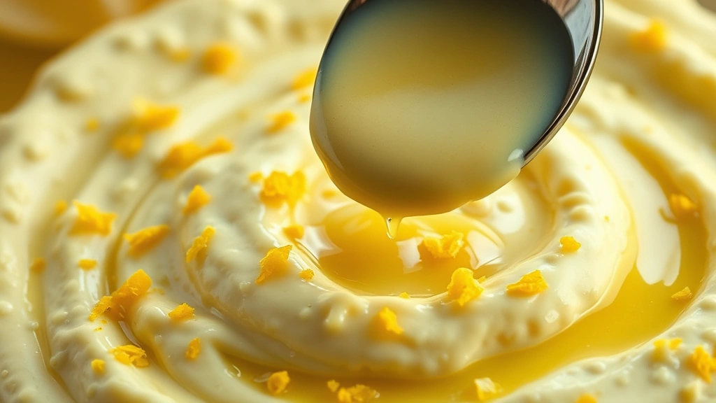 detail: close-up of finished lemon aioli with lemon zest sprinkled on top and a spoon drizzling it, photorealistic, warm natural light, no text