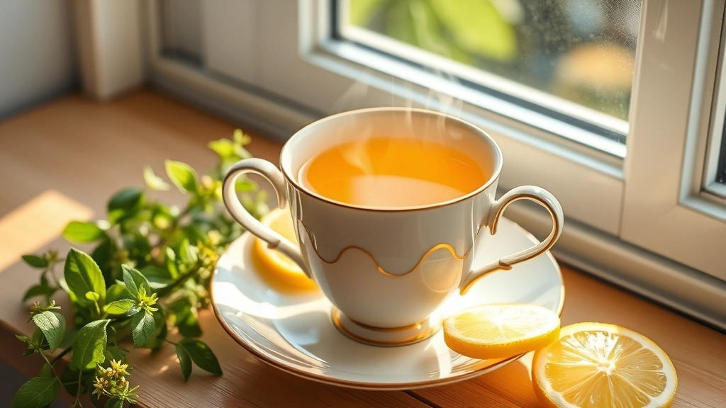 hero: steaming cup of golden lemon balm tea in delicate porcelain teacup, fresh lemon balm sprigs and lemon slices beside it, soft afternoon sunlight streaming through window, warm and inviting aesthetic, photorealistic, natural light, no text