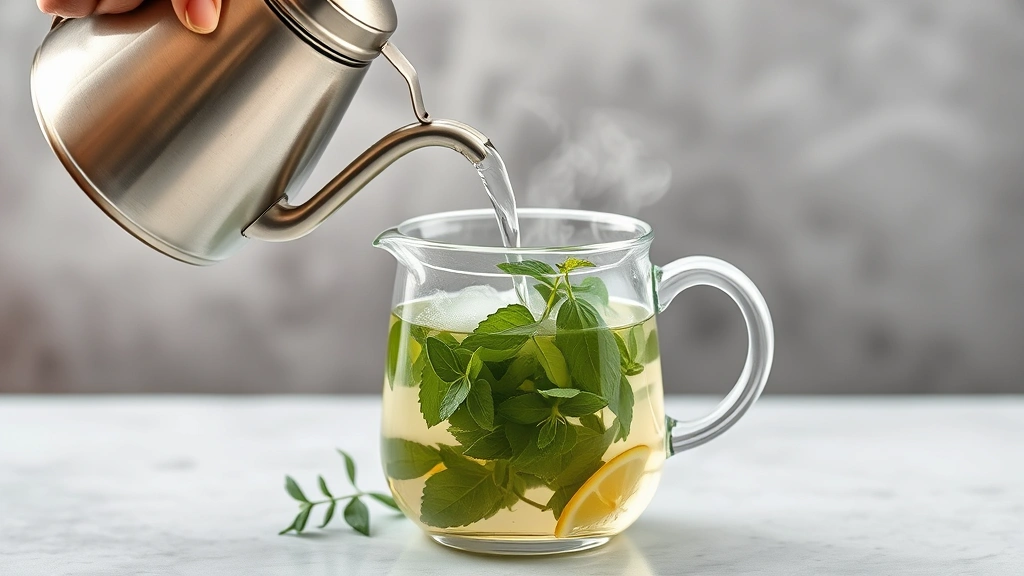 process: hands pouring hot water from kettle over fresh lemon balm leaves in glass teapot, steam rising, botanical arrangement, photorealistic, natural light, no text