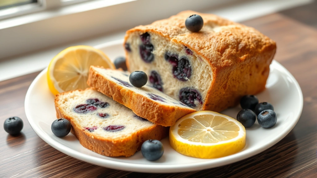hero: sliced lemon blueberry bread on white plate with fresh blueberries and lemon slices, natural window light, soft shadows, no text