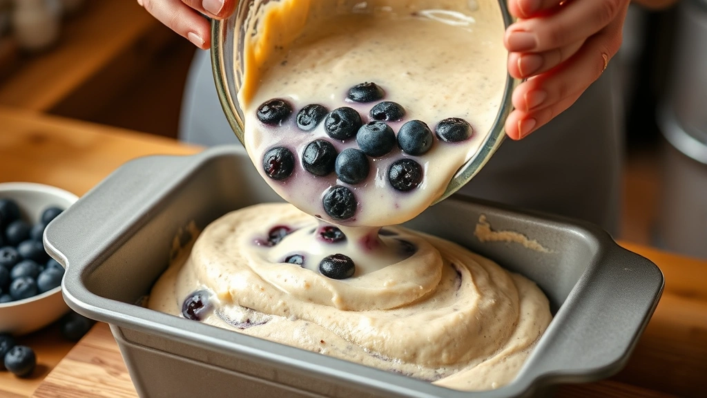 process: pouring blueberry batter into loaf pan, hands visible, warm kitchen light, no text