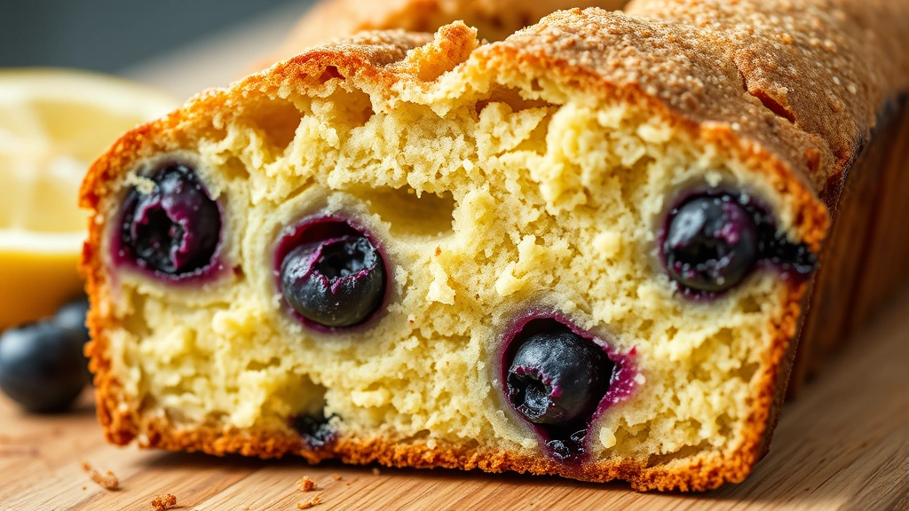 detail: close-up cross-section of baked lemon blueberry bread showing moist crumb and blueberries, natural daylight, no text