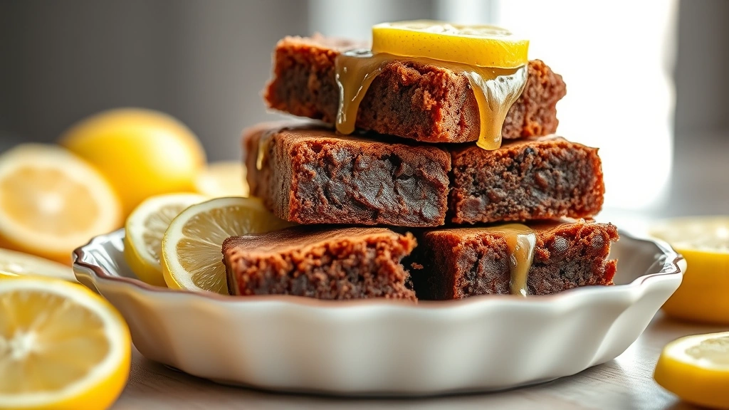 hero: gourmet lemon brownies stacked on white ceramic plate with fresh lemon slices garnish, golden glaze dripping down sides, natural window light, shallow depth of field, professional food photography