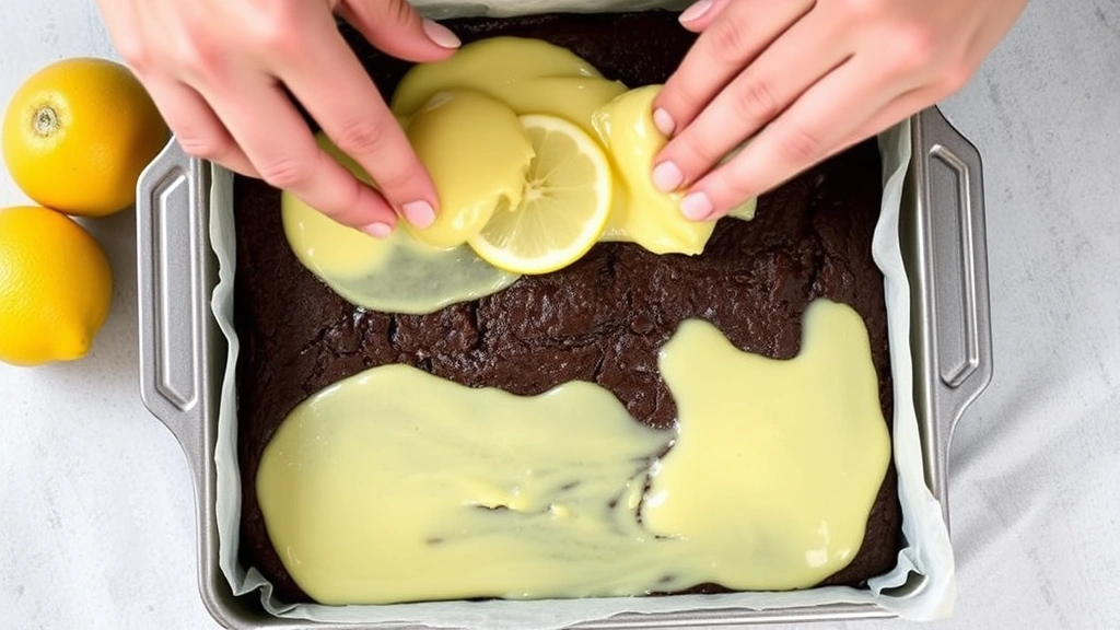 process: hands spreading silky pale yellow lemon curd onto warm dark chocolate brownie layer in baking pan, overhead angle, natural daylight, artisanal preparation