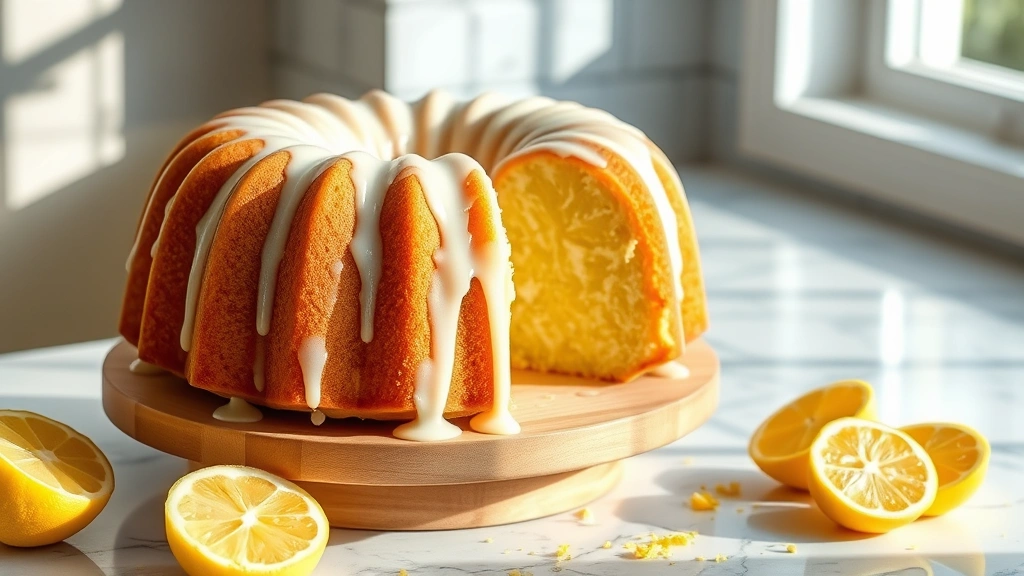 hero: golden lemon bundt cake with white glaze dripping down the fluted sides, fresh lemon slices and zest scattered around, natural daylight from window, wooden cake stand, marble countertop background, photorealistic, no text