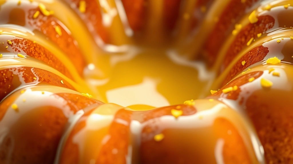detail: close-up of glossy lemon glaze pooling in the fluted details of the bundt cake, fresh lemon zest sprinkled on top, shallow depth of field, warm natural light, photorealistic, no text