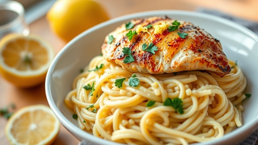 hero: creamy lemon chicken orzo pasta in a white bowl, golden seared chicken on top, garnished with fresh parsley and lemon zest, shallow depth of field, warm natural window light, professional food photography