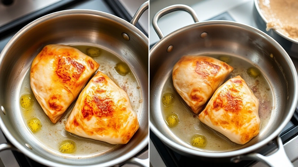 process: searing golden chicken breasts in a stainless steel skillet with visible butter and garlic, steam rising, professional kitchen setting, natural daylight from above, food styling