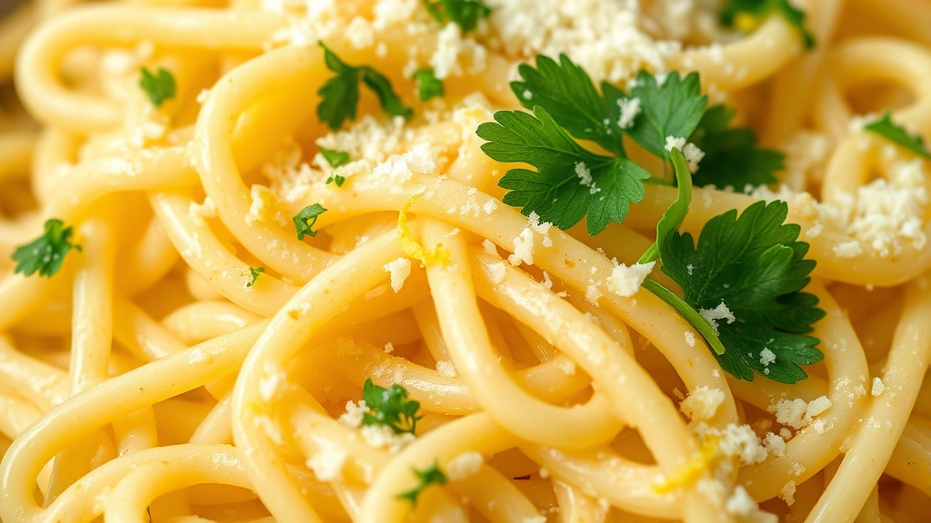 detail: close-up of creamy orzo pasta with lemon sauce coating each piece, fresh parsley garnish, grated Parmesan visible, lemon zest sprinkled on top, macro photography, natural light, artistic composition