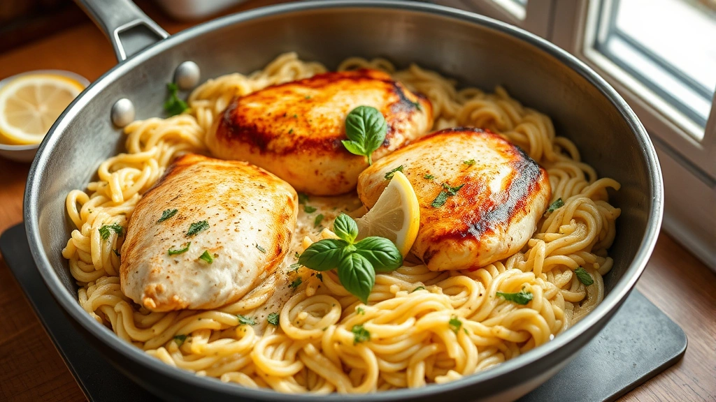 hero: Lemon chicken with orzo in a large skillet, golden seared chicken breasts nestled in creamy lemon pasta, fresh basil and lemon zest garnish, soft natural window light, warm and inviting