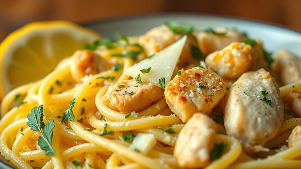 detail: Close-up of creamy lemon orzo pasta with fresh herbs, Parmesan cheese, and tender chicken pieces, shallow depth of field, warm soft focus background