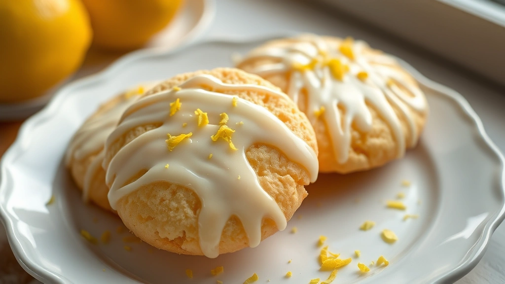 hero: golden lemon cookies with glossy lemon glaze drizzle on top, scattered with fresh lemon zest, sitting on white ceramic plate, soft natural window light, shallow depth of field, food photography, appetizing, no text