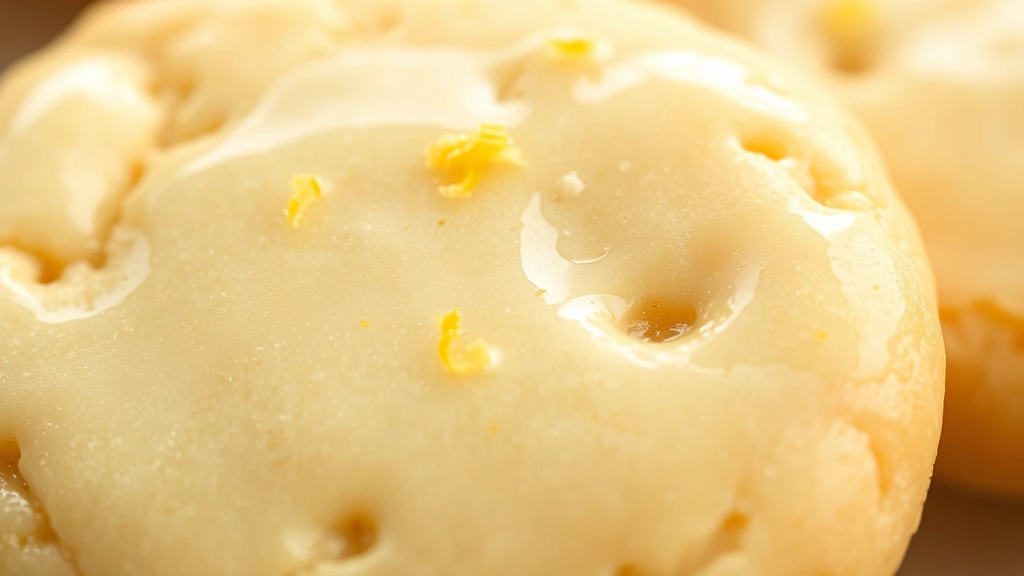 detail: close-up macro shot of single glazed lemon cookie showing texture detail, glossy glaze with visible lemon zest crystals, crumbly interior visible, natural daylight, no text