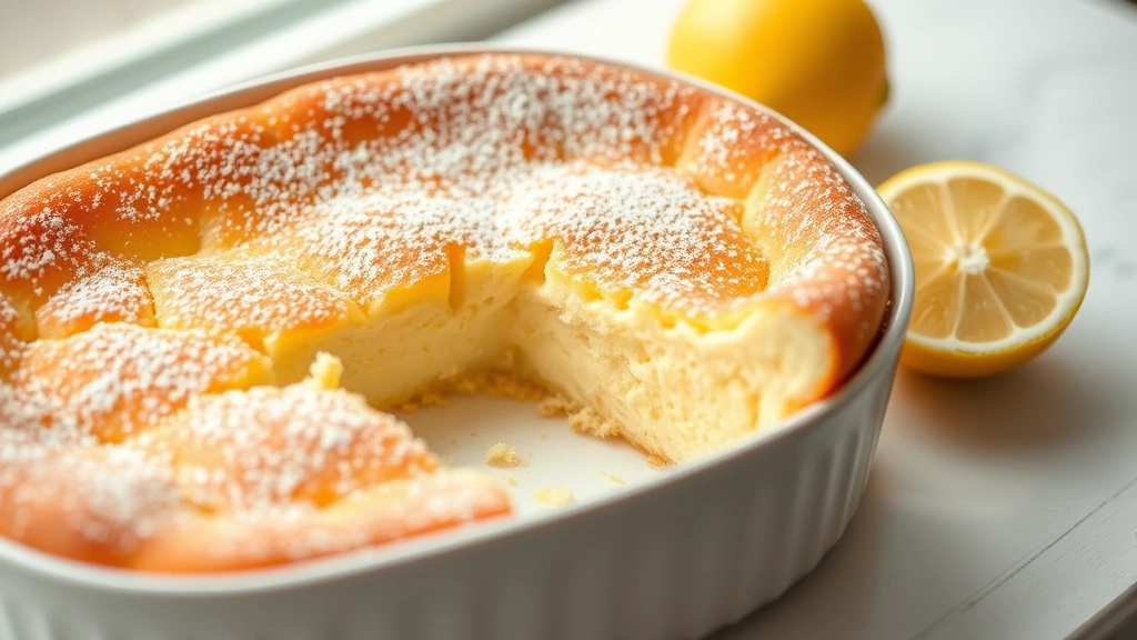 hero: Lemon cream cheese dump cake in white ceramic baking dish, golden brown top, powdered sugar dust, single slice removed showing creamy center and lemon zest, fresh lemon halves beside dish, soft natural window light, shallow depth of field, warm and inviting aesthetic