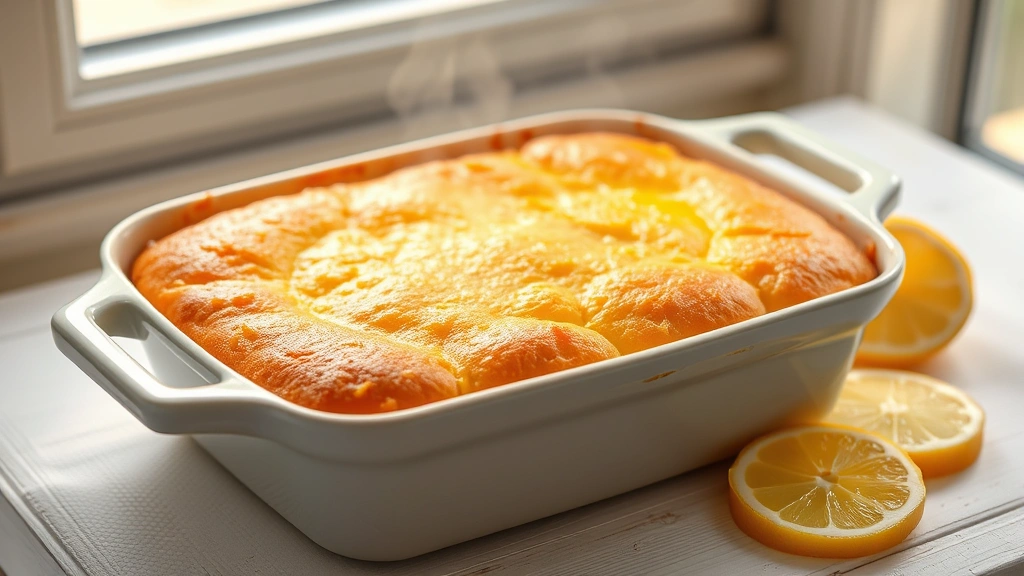 hero: golden-brown lemon cream cheese dump cake in white ceramic baking dish, warm lighting from the side, steam rising slightly, fresh lemon slices scattered on white wooden surface beside the dish, natural daylight through window, no text visible