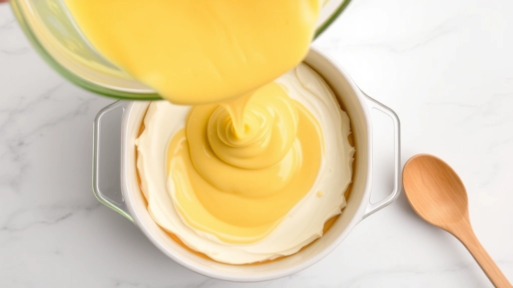 process: Pouring yellow cake batter over cream cheese layer in baking dish, batter flowing gently, overhead shot, natural kitchen lighting, wooden spoon nearby, lemon zest visible in batter, clean white marble countertop