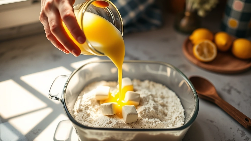 process: hands pouring bright yellow lemon-milk mixture over cream cheese cubes and flour mixture in baking dish, golden afternoon sunlight streaming across kitchen counter, wooden spoon resting nearby, soft focus background with lemon halves