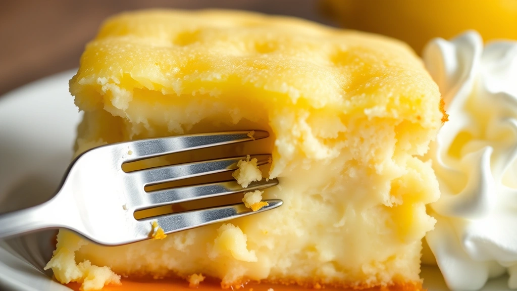 detail: Close-up cross-section of baked lemon cream cheese dump cake showing three distinct layers—golden cake top, silky custard middle with lemon zest, and creamy cheese base—fork inserted, whipped cream dollop on side, macro photography, natural diffused light