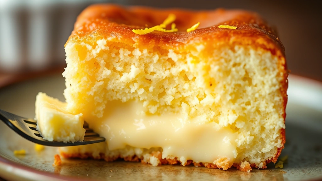 detail: close-up cross-section of finished lemon cream cheese dump cake showing creamy custard layer at bottom, fluffy cake layer on top with golden-brown surface, fresh lemon zest visible, fork taking a bite, shallow depth of field, warm natural lighting