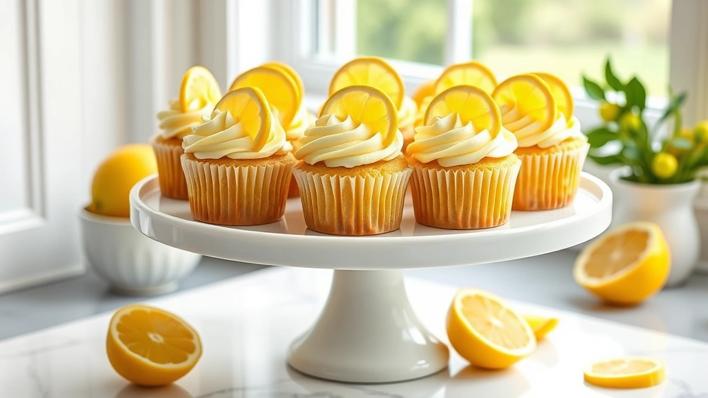 hero: dozen lemon cupcakes with lemon buttercream frosting on white cake stand, fresh lemon slices as garnish, photorealistic, natural window light, no text, styled for preppy kitchen aesthetic