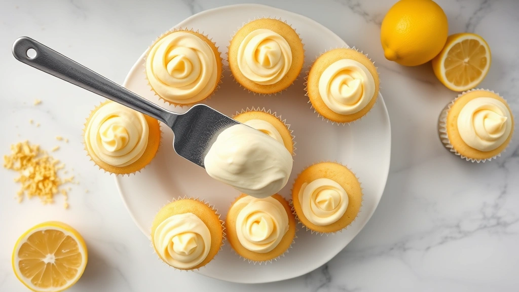 process: frosting lemon cupcakes with offset spatula, lemon zest and fresh lemons visible on counter, photorealistic, natural light, no text, overhead angle